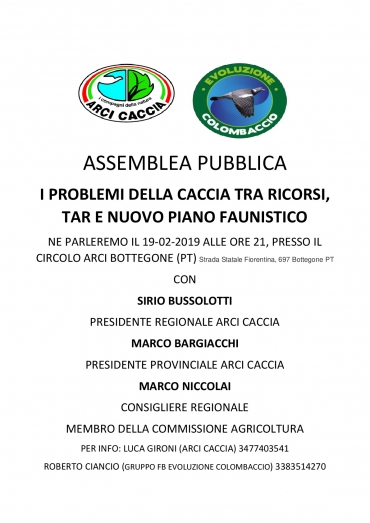 Pistoia: il 19 si parla di calendari con Arci Caccia e il Consigliere Regionale Niccolai